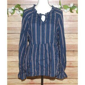 Wonderly Blue Striped Peplum Blouse Top Size L Ruffle Neckline Keyhole Neckline